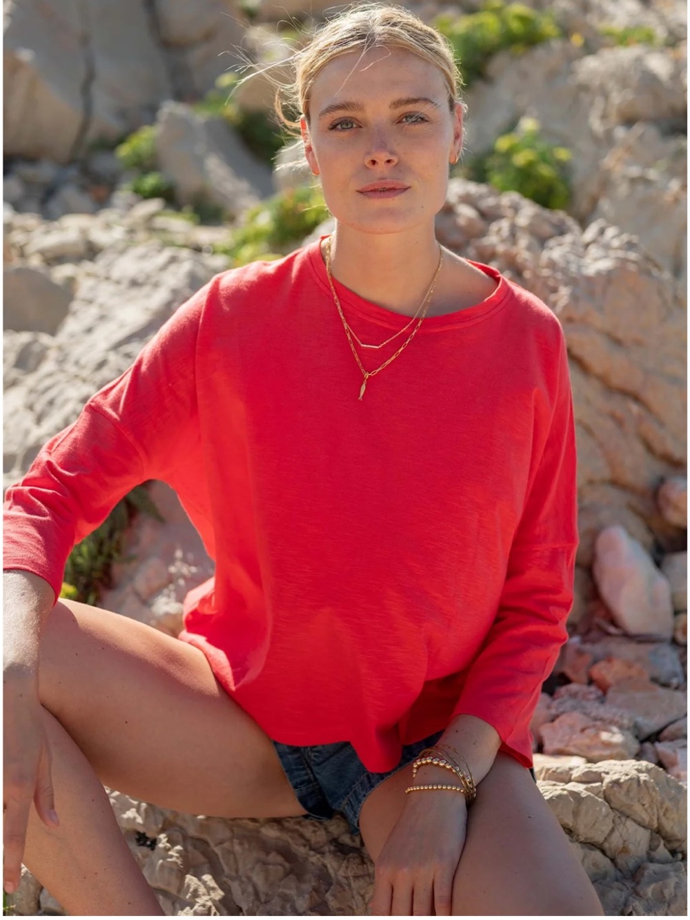 Mersea Catalina Slub Tee Long Sleeve Top coastal ? Coral Bliss OS 2-20